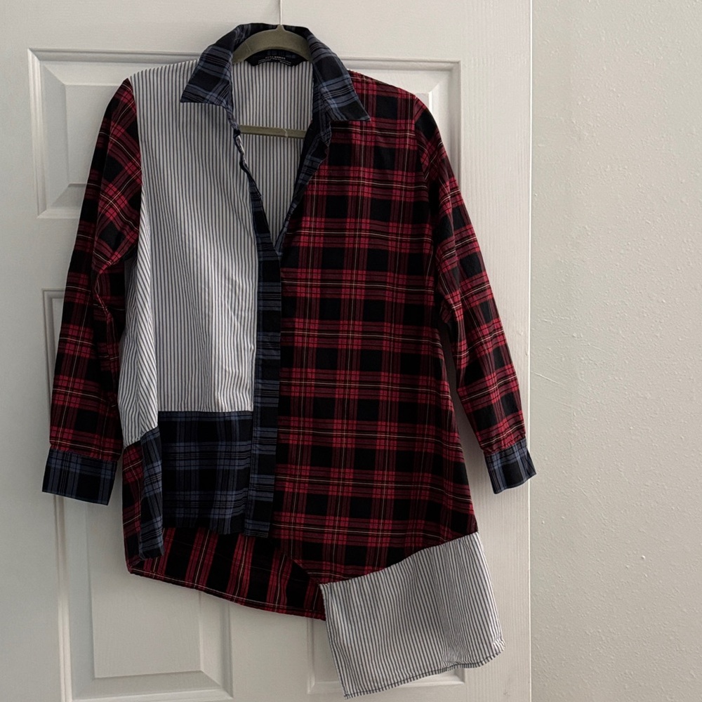 Zara Mixed Plaid and Stripe Button-Down Shirt - Red, Black, Blue, White